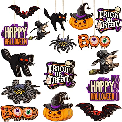 Photo 1 of 24 Pieces Halloween Wooden Ornaments Slice Halloween Wood Cutouts Embellishment Craft Halloween Hanging Ornaments s with 10 Meter Rope for Decoration and DIY Craft Making, 8 Styles
