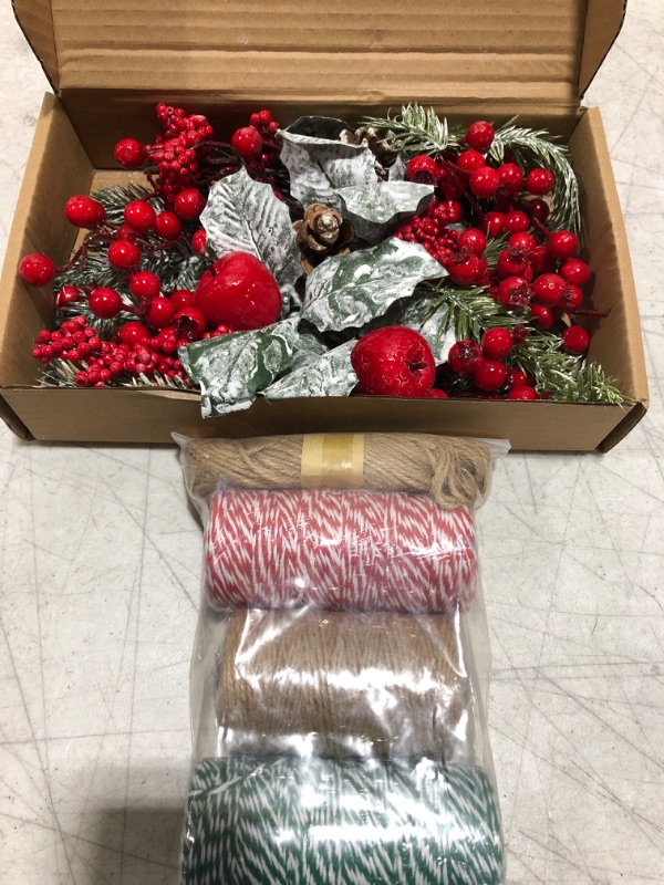 Photo 1 of 1 box of 6 piece Christmas decor-flocked berries-artificial and 1 set of Christmas Twine and Decoration String