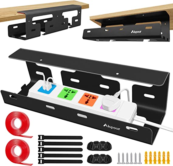 Photo 1 of Aispour Under Desk Cable Management Tray, No Drill Under Desk Cable Tray, 2 Pack 31.5'' Steel Under Desk Tray, Cable Wire Management Raceway for Cords, Under Table Cable Management Standing Desk
