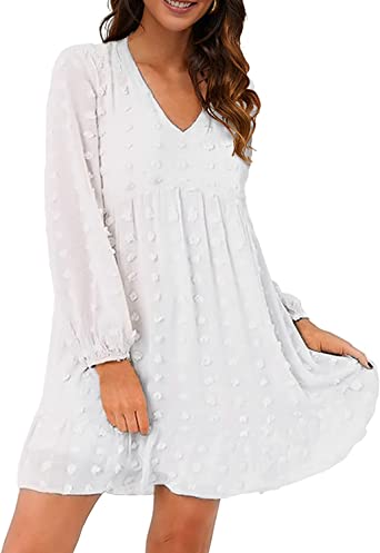 Photo 1 of Blooming Jelly Women's White Dresses Flowy Babydoll Dress Chiffon Long Sleeve V Neck Cute Mini Tunic Dress - M