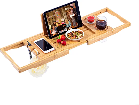 Photo 1 of Utoplike Bamboo Bathtub Caddy Tray Bath Tray for Tub, Adjustable Bathroom Bathtub Organizer with Book Tablet Wine Glass Cup Towel Holder,Distinctive Gift (24.5"-37.4")
