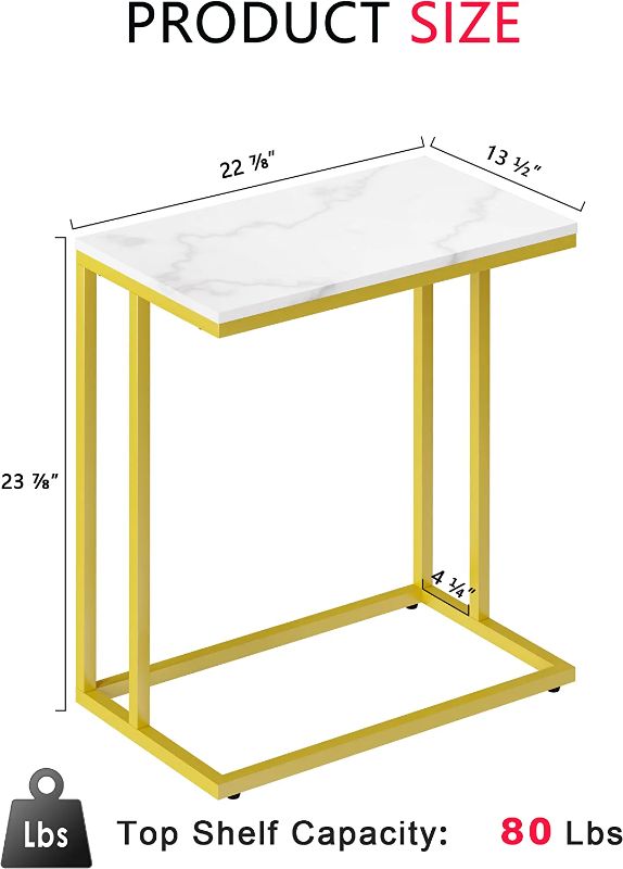 Photo 1 of PrimeZone C Shaped Side Table - Faux Marble Wide End Table for Sofa Couch & Living Room, TV Tray Table, 23" W x 13.5" D x 27" H, Gold Frame
