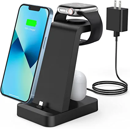 Photo 1 of Charger Station for iPhone Multiple Devices - 3 in 1 Fast Wireless Charging Dock Stand for Apple Watch Series 7 6 SE 5 4 3 2 & Airpods iPhone 14 13 12 11 Pro X Max XS XR 8 7 Plus 6s 6 with Adapter
