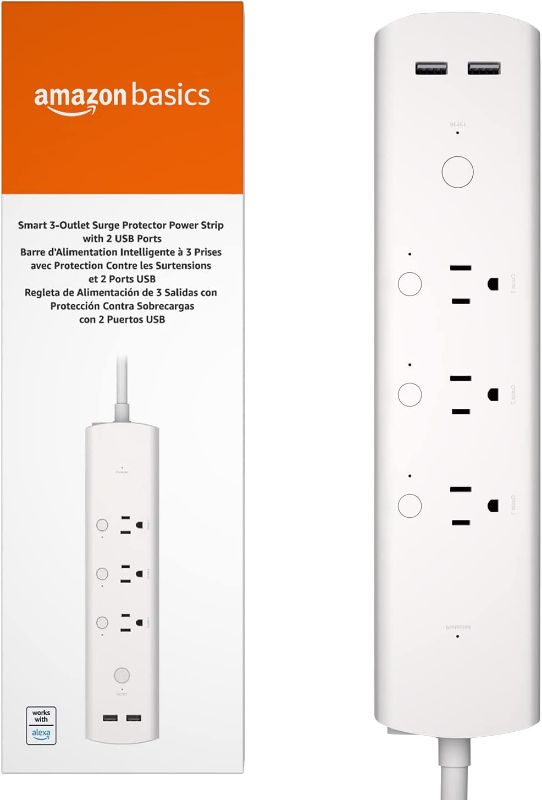 Photo 1 of Amazon Basics Smart Plug Power Strip, Surge Protector with 3 Individually Controlled Outlets and 2 USB Ports, 2.4 GHz Wi-Fi, Works with Alexa
