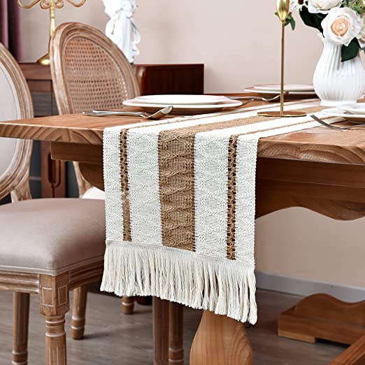 Photo 1 of Home Macrame Table Runner Farmhouse Style - Burlap Cotton Rustic Cream Beige Boho Splicing Table Runner with Tassels for Wedding Bridal Shower Party Kitchen Dining Table Decor 12 x 72 Inch
