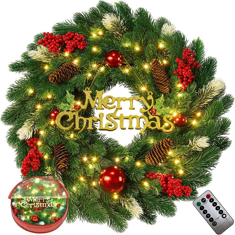 Photo 1 of 18 Inches Pre-Lit Artificial Christmas Wreath, Lighted Christmas Wreath for Front Door with Battery Operated 40 LED Lights, Decorated with Pine Cones, Berry Clusters, Xmas Collection
