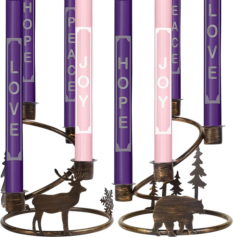 Photo 1 of Adroiteet Advent Candle Holder, 2 Pcs Christmas Advent Wreath Candle Holder with Christmas Tree Reindeer Snowflake, Christmas Decorations Centerpiece for Home Church 