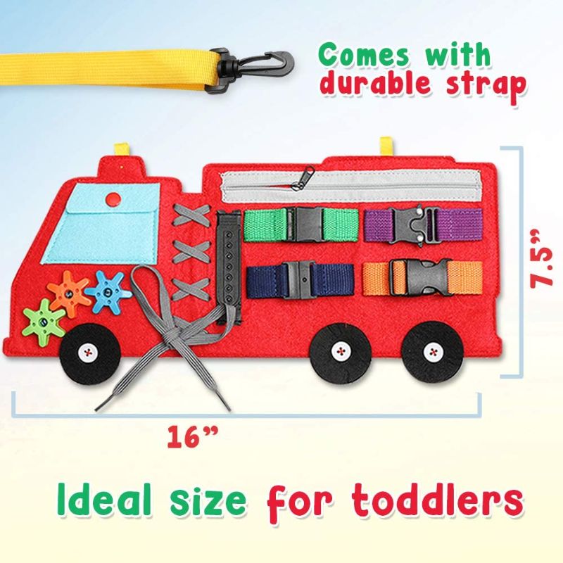 Photo 2 of Busy Board for Toddlers 1-3 or 2-4, Firetruck Preschool Educational Early Learning Toy, Basic Life Skills and Fine Motor Montessori Activities for Kids, Learn to Dress Sensory Toy as Travel Game 