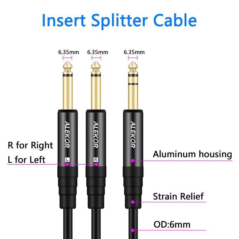 Photo 3 of ALEKOR Insert Cable, 1/4 Inch TRS Stereo Male to Dual 1/4 Inch TS Mono Male Y-Splitter Stereo Breakout Cable - 10 Foot 