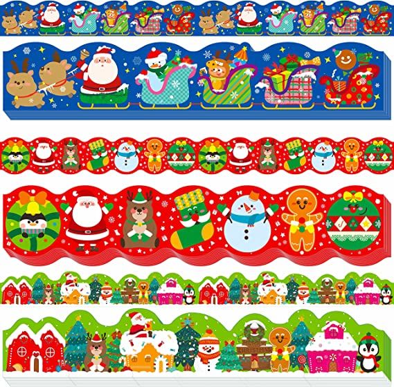Photo 1 of 60Ft Christmas Bulletin Board Borders, 3 Designs Xmas Wave Border Decoration Santa Claus, Snowman Xmas Tree Winter Holiday Border Trim for Bulletin Board, Desks, Home, School or Classroom (45 Sheets) set of 2
