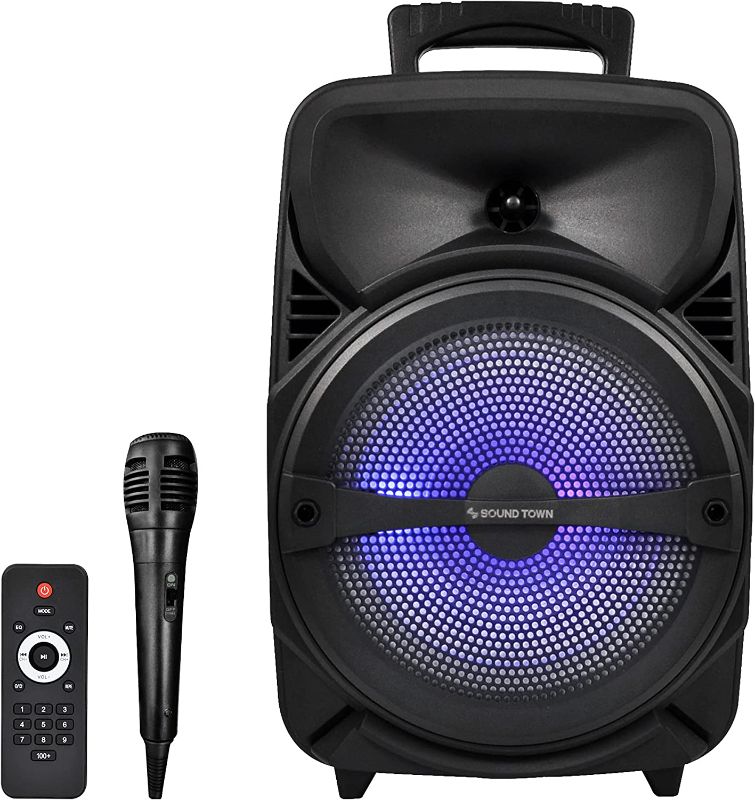 Photo 1 of Sound Town 8-inch 2-Way Portable PA Speaker with Built-in Rechargeable Battery 1 Wired Mic Bluetooth USB SD Card Reader LED Light (OPIK-8PS)
