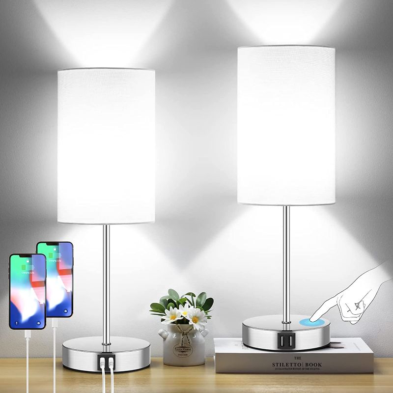 Photo 1 of Touch Control Table Lamps Set of 2, 3 Way Dimmable Modern Nightstand Lamps with USB Charging Ports & AC Outlet, Brushed Nickle Bedside Desk Lamps with White Shades for Bedroom, 5000K LED Bulb Included
