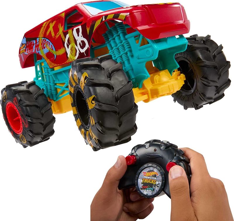 Photo 1 of ?Hot Wheels RC Monster Trucks 1:15 Scale HW Demo Derby, 1 Remote-Control Toy Truck with Terrain Action Tires, Toy for Kids 4 Years Old & Older
