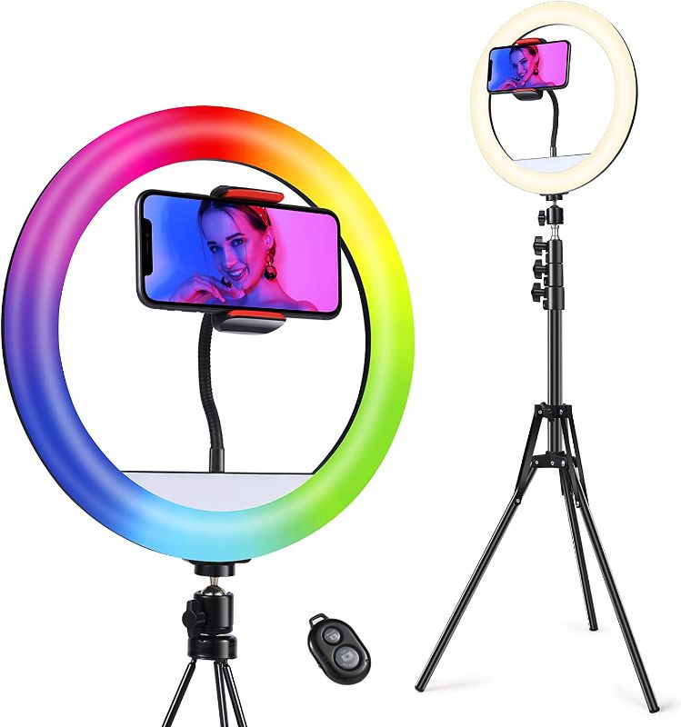 Photo 1 of Quntis 12" Selfie Ring Light with 63" Extendable Tripod Stand & Phone Holder, 70 Color RGB Ring Light & Bluetooth Remote for YouTube/TikTok/Live Stream/Makeup/Photography, Compatible with All Phones 