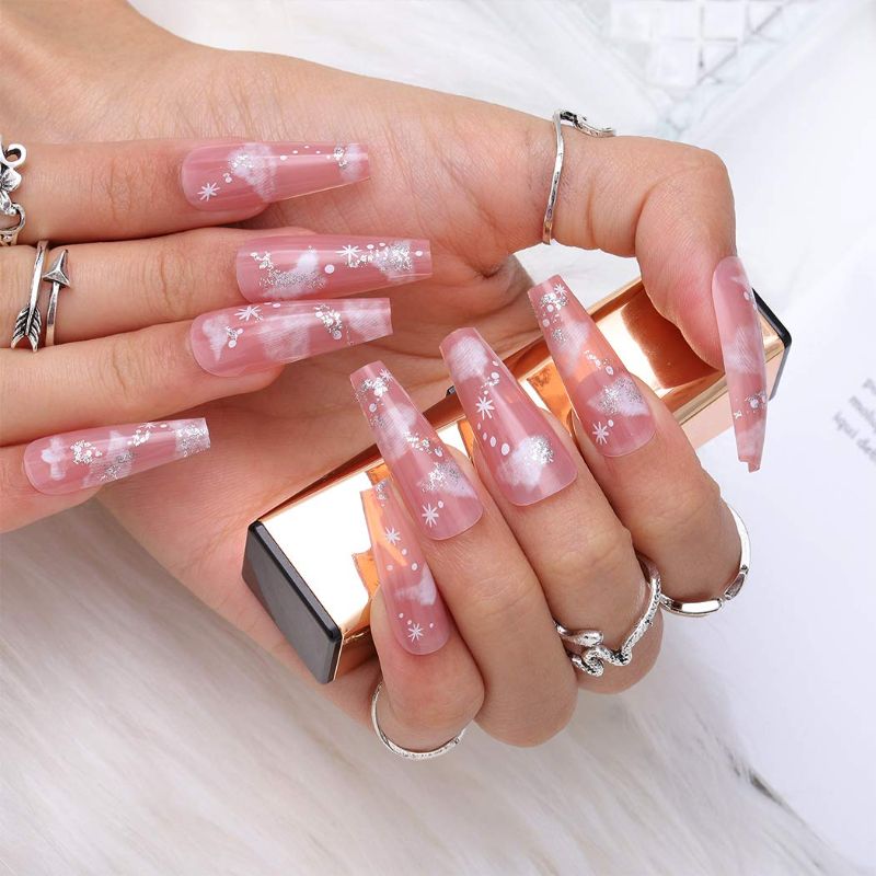 Photo 1 of Aksod 24Pcs Glossy Nude Cloud Press on Nails Pink Snowflake Extra Long Square Coffin Fake Nails Glitter Sequins Shimmer Nails Art Acrylic Ballerina False Nails French Nails Tips for Women and Girls https://a.co/d/1u81H3T