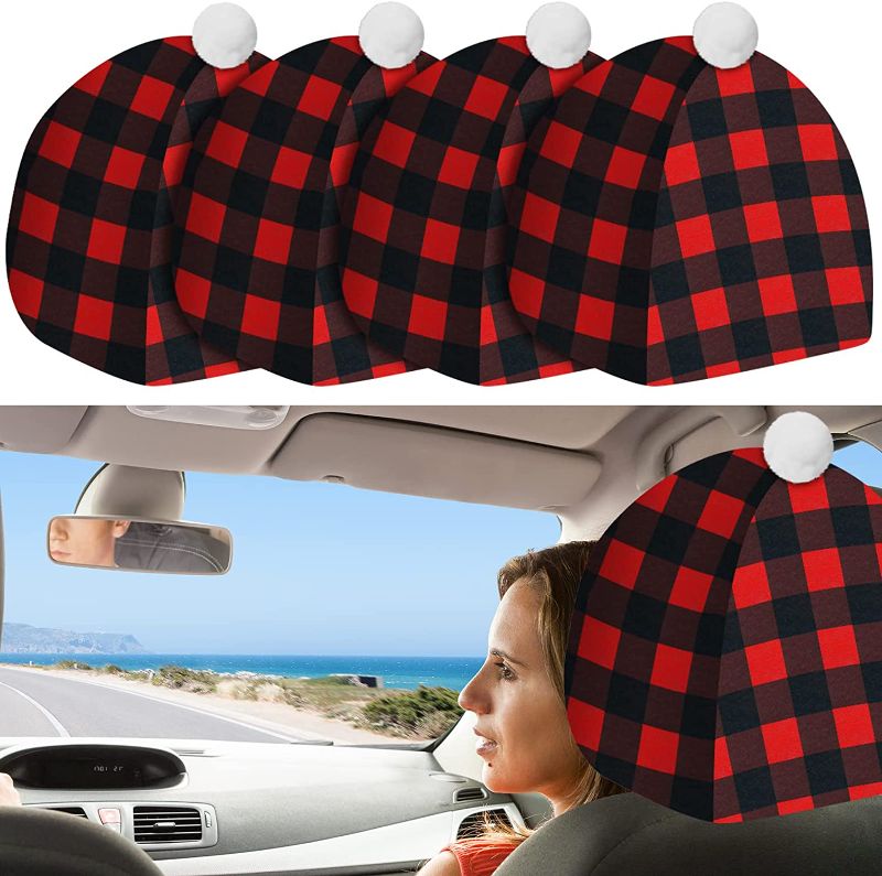 Photo 1 of 4 Pcs Christmas Hat Car Seat Headrest Covers Car Headrest Cover Set Buffalo Plaid Santa Claus Hat Head Rest Coverings Christmas Car Decoration Interior Cute Functional Car Accessories Red Black
