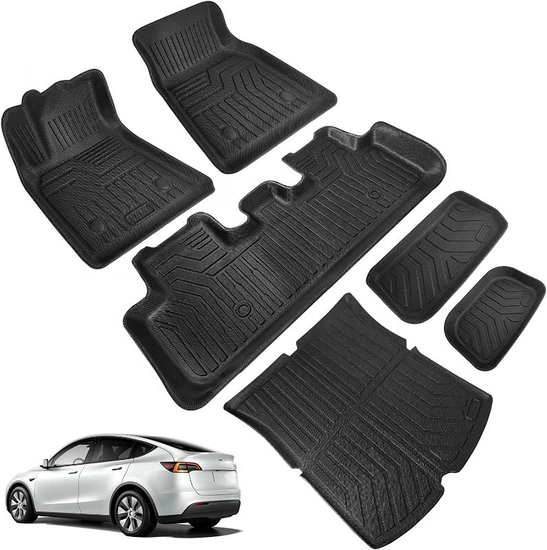 Photo 1 of (6 Pack) Tesla Model Y Floor Mats 2023 2022 2021 2020 3D Full Cover Front Rear Trunk Mats Custom Fits Floor Liners for Tesla Model Y Accessories All-Weather Protect Rear Cargo Liner Mats
