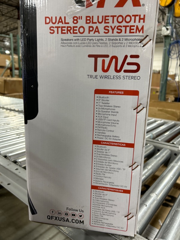 Photo 1 of PBX-800TWS 8-Inch Bluetooth Stereo PA System Comes with 2X 8 Speakers and 2X Stands, 2X Microphones, and a Remote Control