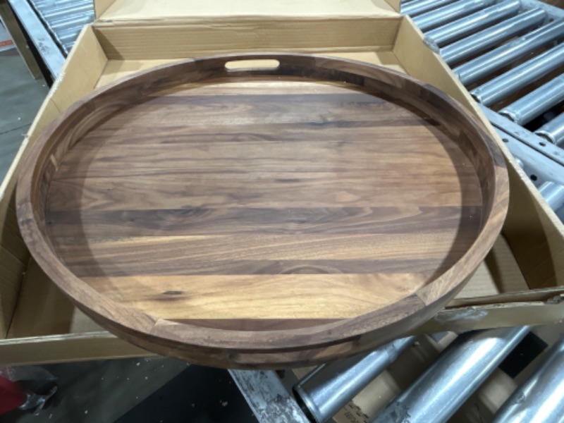 Photo 2 of 24 in. W x 2.4 in. H x 24 in. D Brown Walnut Wood Serving Trays Round
