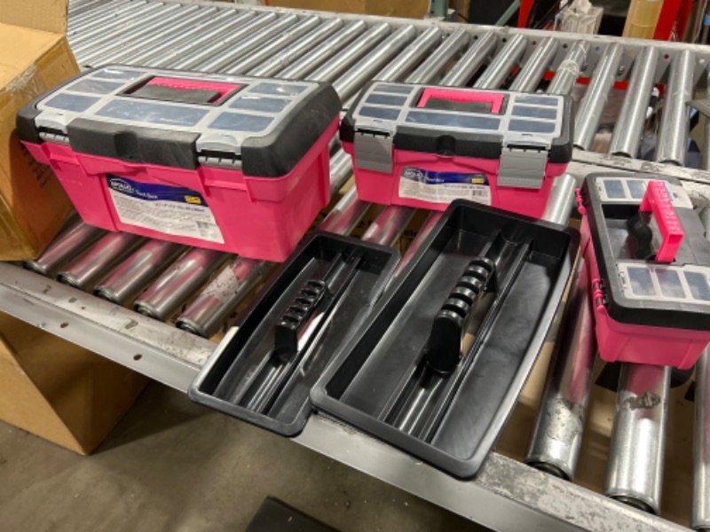 Photo 2 of Apollo Tools Set of 3 Pink Stackable Tool Boxes with Top Compartment and Removable Trays for Crafts, Tool Storage - Pink Ribbon - DT5005P