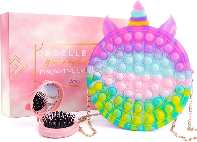 Photo 1 of Adelle FD Unicorn Pack Pop Purse and Hairbrush with Makeup Mirror, Shoulder Crossbody Messenger Stuffers Sensory Silicone Wallet, Girls Toys Gifts, Children Popit Figit Sensory Toy
