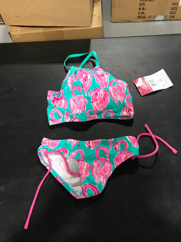 Photo 2 of Kanu Surf Girls' Daisy UPF 50+ Beach Sport Halter Tankini 2-Piece Swimsuit 6 Hallie Green Flamingo