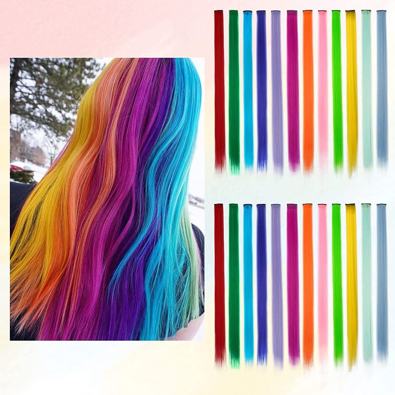Photo 1 of 24 Pcs Colored Hair Extensions, BARSDAR Clip in 21 inch Rainbow Colorful Straight Hair Extensions Multicolor Party Highlights for Kids Women's Gifts
