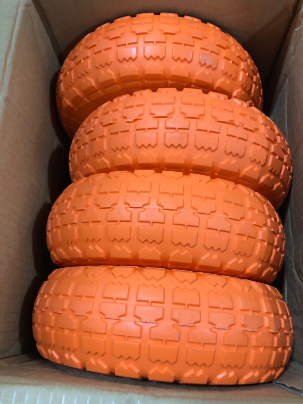 Photo 2 of 10" Flat Free Tires Solid Rubber Tyre Wheels?4.10/3.50-4 Air Less Tires Wheel with 5/8" Center Bearings?for Hand Truck/Trolley/Garden Utility Wagon Cart/Lawn Mower/Wheelbarrow/Generator?4 Pack, Orange 12.4 Pounds Orange