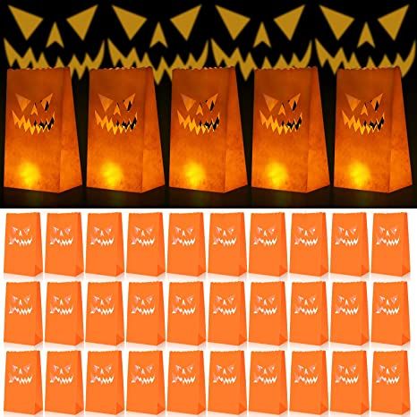 Photo 1 of (2 PACK) Halloween Luminary Bags Outdoor Paper Pumpkin Lantern Bags Flame Resistant Jack-o'-Lantern Bags (48 Pieces)
