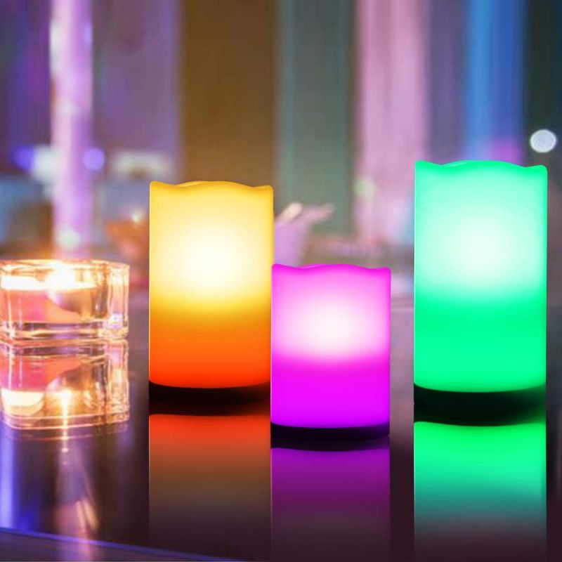 Photo 1 of (3 PACK)  Color Changing Flameless Candless Outdoor Candles with Timer Waterproof, Battery Operated Candles LED Candles with Remote Control (D3" x H4"5"6")
