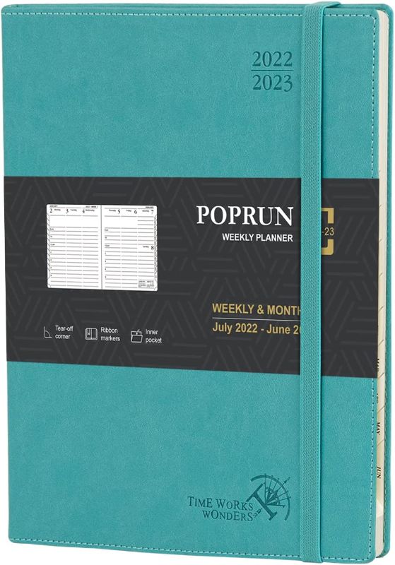 Photo 1 of POPRUN Planner 2022-2023 (8.5'' x 10.5'') Academic Year Planner (July 2022 - June 2023), Weekly and Monthly Planner with Hourly Time Slots, Monthly Tabs, 100GSM Paper, Soft Cover - Turquoise

