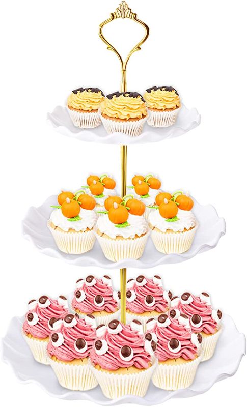 Photo 1 of 3 Tier Cupcake Stand Holder, BACUTHY Plastic Cup Cake Stand Tower with Tiered Serving Tray for Cupcakes, Donuts, Fruits and More, White
