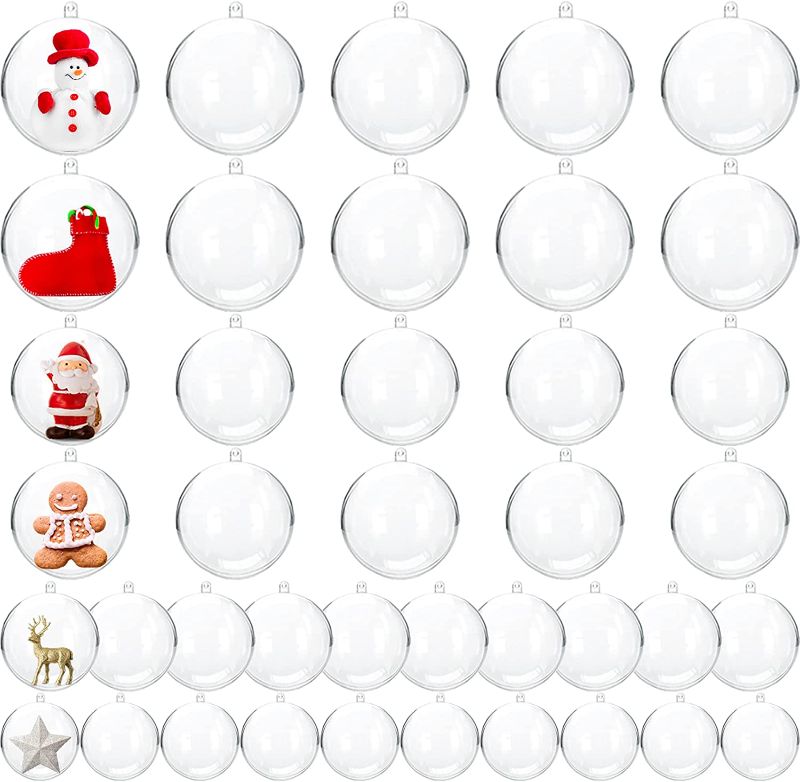 Photo 1 of 40 Pcs Clear Plastic Fillable Ornaments,Transparent Plastic Craft Ornament Balls,DIY Craft Balls for Christmas,Wedding,Party,Home Decor(4 Size,40mm,50mm,60mm,70mm)
