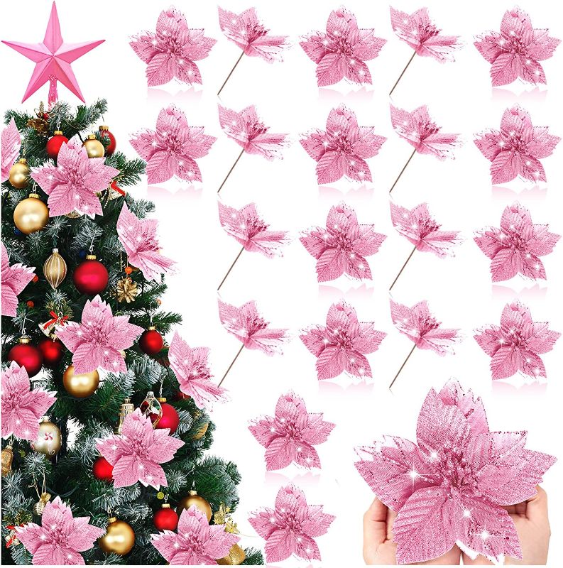 Photo 1 of 20 Packs Christmas Glitter Poinsettia Christmas Tree Ornaments Poinsettia Flowers Picks Pink Poinsettias Artificial Christmas Flowers for Holiday Wedding Decoration Floral Wreath
