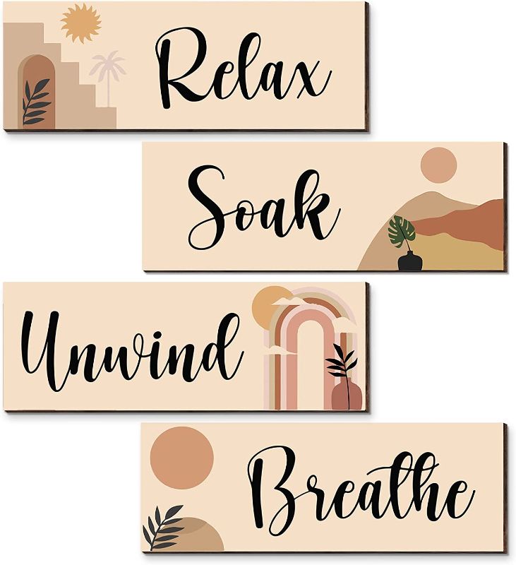 Photo 1 of 4 Pcs Bathroom Wall Decor Sign Relax Soak Unwind Breathe Wall Art Bathroom Decorations Vintage Bathroom Accessories Signs Hanging Wood Plaque for Home Laundry Bathroom (Rustic Horizontal Style)
