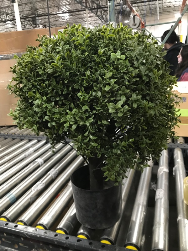 Photo 2 of 24" Tall Artificial Boxwood Topiary Pair, 2 Plants, Outdoor Ready, Natural Looking Fake Potted Shrubs (Dark Green, 24)
