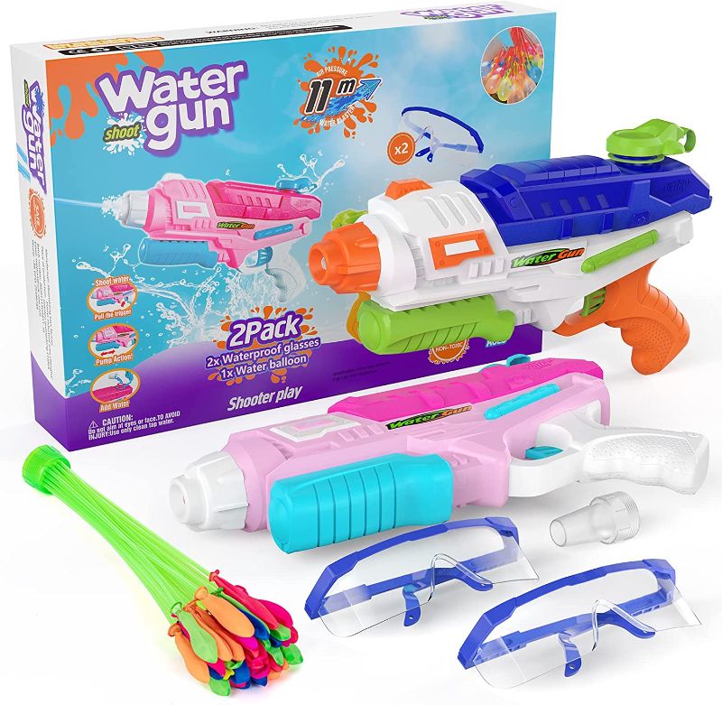 Photo 1 of 2 Pack Water Guns for Kids Adults - 1200CC Squirt Gun Super Water Blaster Soaker Long Range 36 Ft Summer Swimming Pool Party Beach Outdoor Water Fighting Toy Gift with 37 PCS Quick Fill Water Balloons