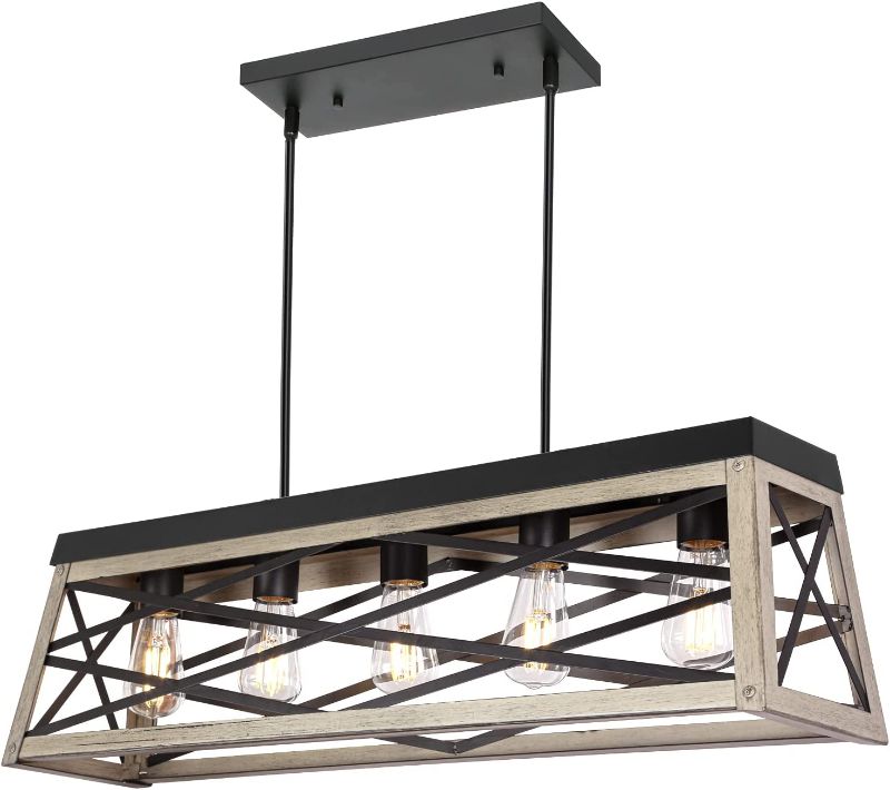 Photo 1 of 5-Light Kitchen Island Pendant Lighting, Farmhouse Dining Room Light Fixtures, 31 inch Linear Chandelier with Black & Wood Painting, ETL Listed

