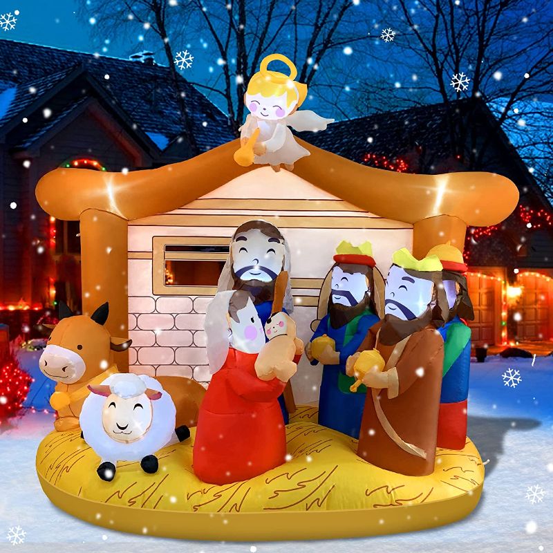 Photo 1 of 6FT Christmas Inflatables Outdoor Decorations, COOLWUFAN Inflatable Nativity Scene Christmas Blow Up Yard Decoration with Angel Smile Inflatable Christmas Decorations Outdoor Yard for Home Décor
