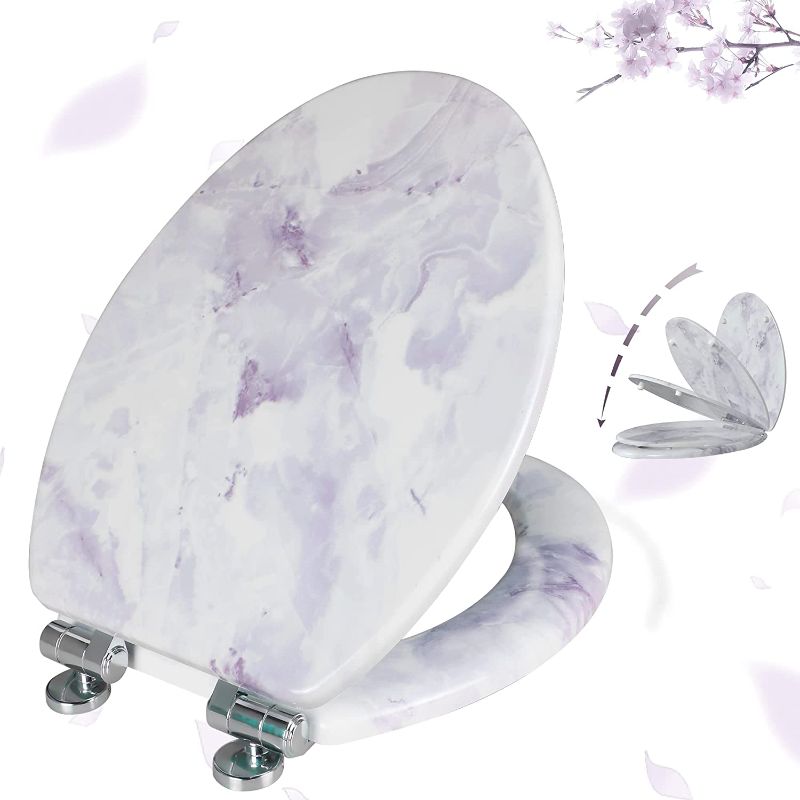 Photo 1 of Angel Shield Marble Toilet Seat Durable Molded Wood with Quiet Close, Easy Clean, Quick-Release Hinges Elongated Toilet Seat (Elongated, Purple Marble)
