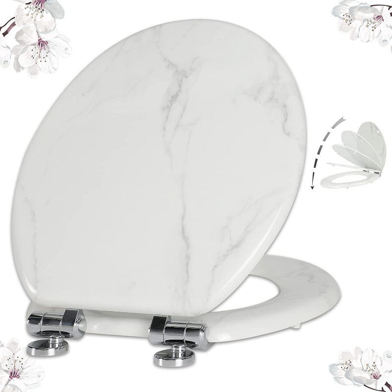 Photo 1 of Angel Shield Marble Toilet Seat Durable Molded Wood with Quiet Close,Easy Clean?Quick-Release Hinges (Elongated,White Marble)
