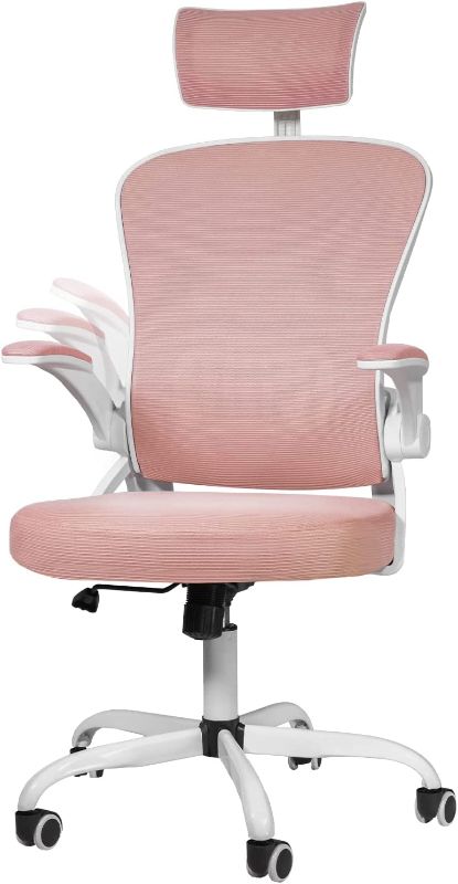 Photo 1 of DualThunder Desk Chairs with Wheels, Ergonomic Office Chair Mesh Office Chair Back Support Flip-up Arms and Headrest for Adults, Executive Office Chair Swivel Task Chair, Office Desk Chair, Pink
