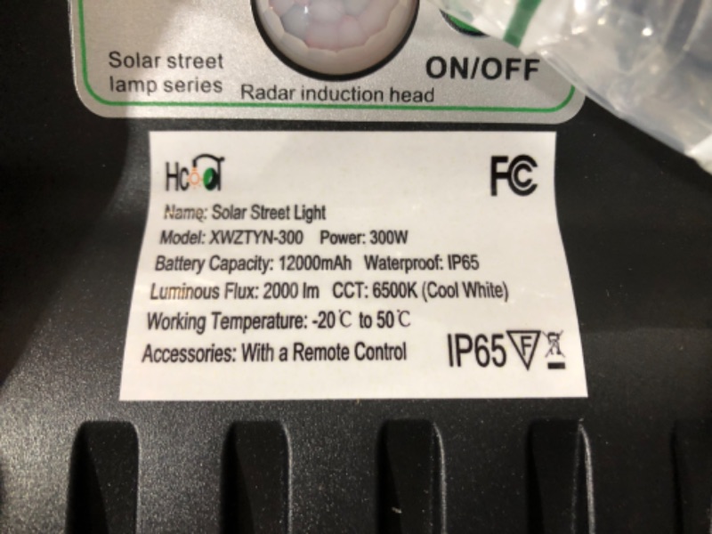 Photo 1 of 300W Solar Street Light Outdoor with Motion Sensor 12000mAh 6500K Daylight LED Solar Security Flood Lamp Auto On/Off Dusk to Dawn with Remote Control for Playground, Garden, Swimming Pool, Parking Lot
