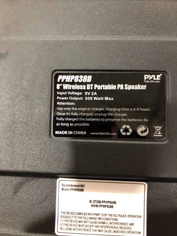 Photo 3 of Portable Bluetooth PA Speaker System - 300W Rechargeable Outdoor Bluetooth Speaker Portable PA System w/ 8” Subwoofer 1” Tweeter, Microphone in, MP3/USB, Radio, Remote - Pyle PPHP838B, Black