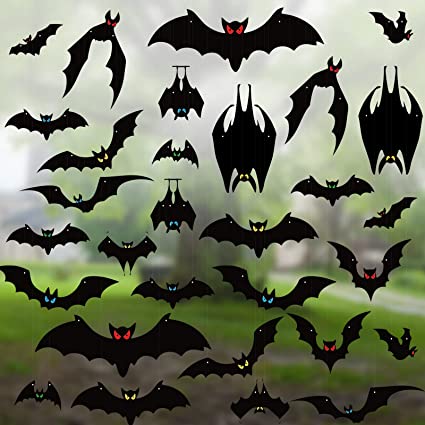 Photo 1 of 30 Pcs Halloween Hanging Bats Black Scary Bats with Glow in The Dark Eyes Halloween Yard Signs Tree Ornaments Party Favor Indoor Outdoor Decoration, 15 Different Shapes 