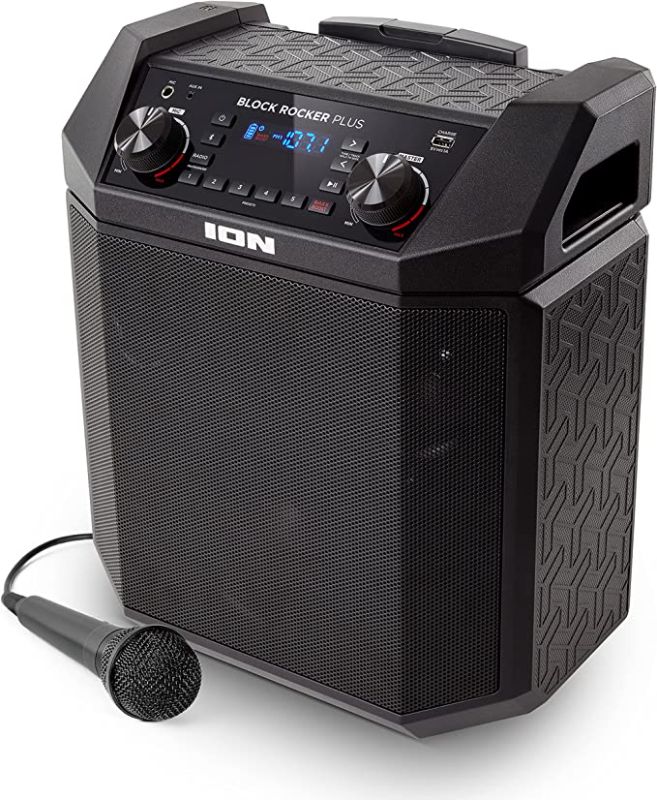 Photo 1 of ION Audio Block Rocker Plus - Portable Bluetooth Speaker 100W W/Battery, Karaoke Microphone, AM FM Radio, Wheels & Telescopic Handle and USB Charging, Black
