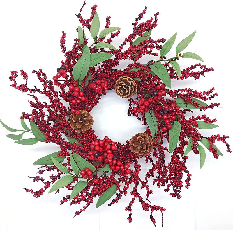 Photo 1 of Aimanni 16'' Christmas Wreath, Red Berry and Pine Cones Artificial Wreath, Handmade Front Door Wreath for Holiday Festival Home Farmhouse Wall Decoration, Green Leaf and Red Berry Wreath (WRETH-RED)
