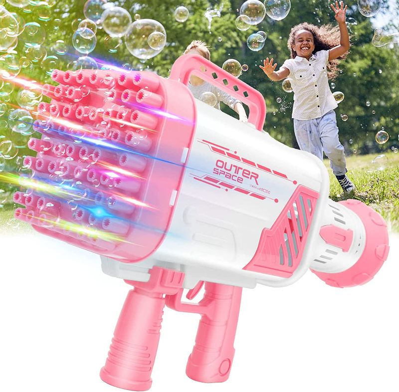 Photo 1 of Bubble Machine Gun, 64 Holes Bazooka Bubble Gun with 30 Pcs Bubble Concentrate Pouch, 2 Bubble Solution, Bubble Rocket Boom Maker for Wedding Summer Party Outdoor Toy, Gift for Adults Boys Girls(Pink)
