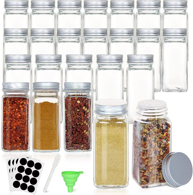 Photo 1 of 24 Pack Clear Glass Spice Jars, 4oz Empty Square Spice Bottles, Glass Seasoning Jars, Spice Containers with Aluminum Caps, Shaker Lids,1 Pen,48 Black Blank Labels and 1 Foldable Silicone Funnel
