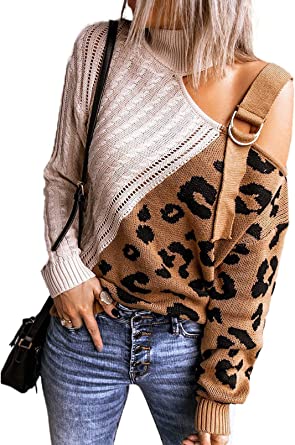 Photo 1 of AlvaQ Womens Turtleneck Cold Shoulder Sweaters Leopard Patchwork Knitted Pullover Jumper Tops xl
